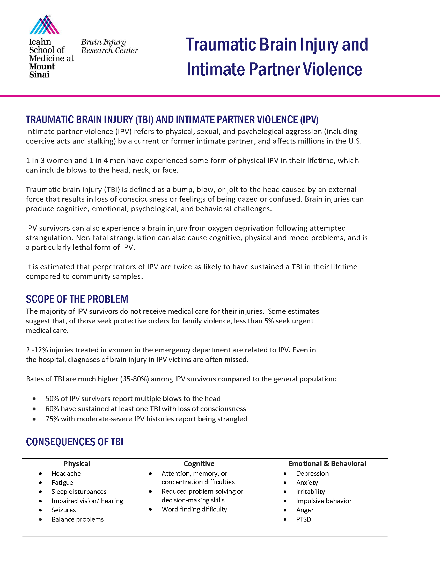 TBI and Intimate Partner Violence factsheet 1