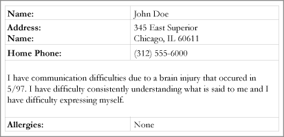 Driving After Brain Injury: Exapmle Aphasic Card Front