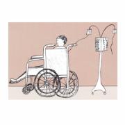 Illustration of Adam in a wheelchair with an IV wheeled along behind