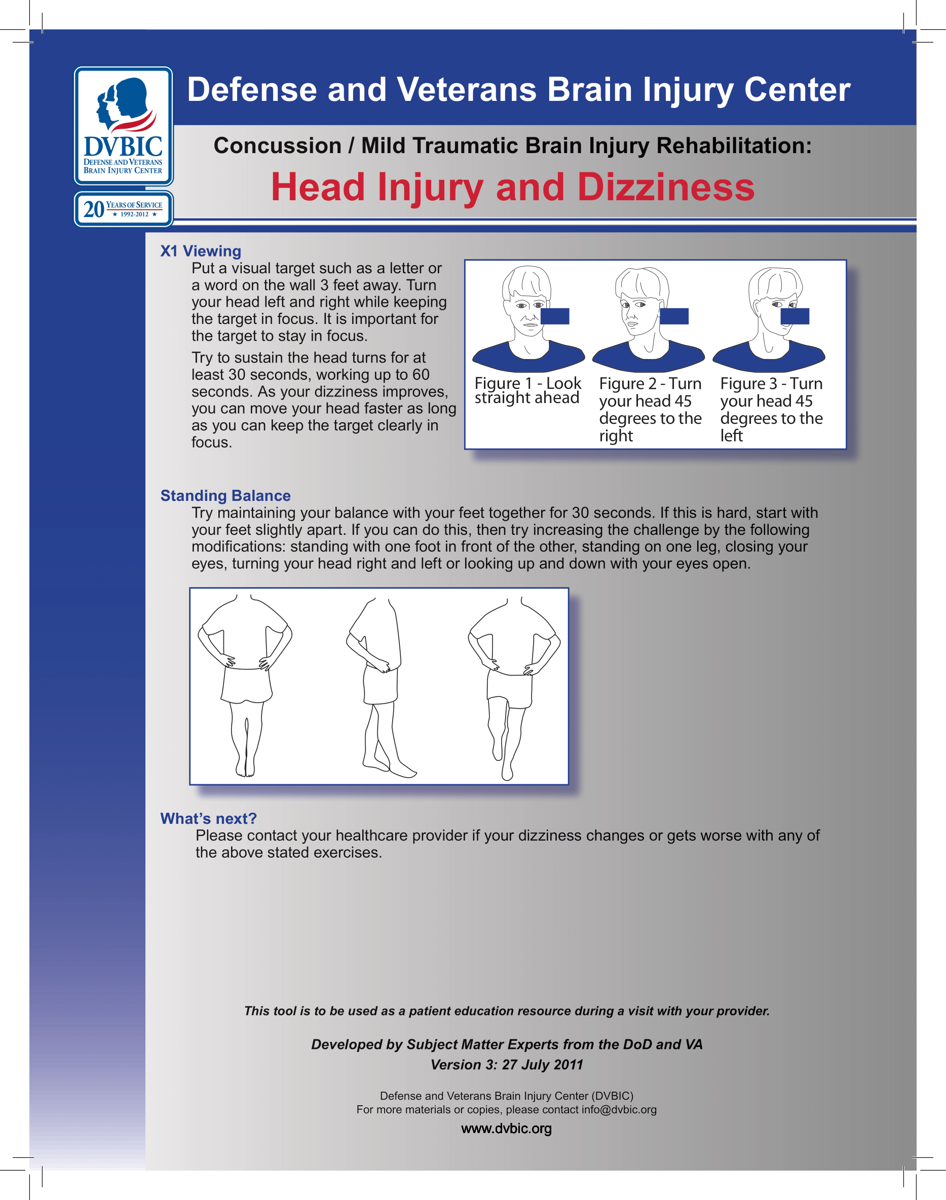 DVBIC recommended balance exercise for dizziness rehabilitation