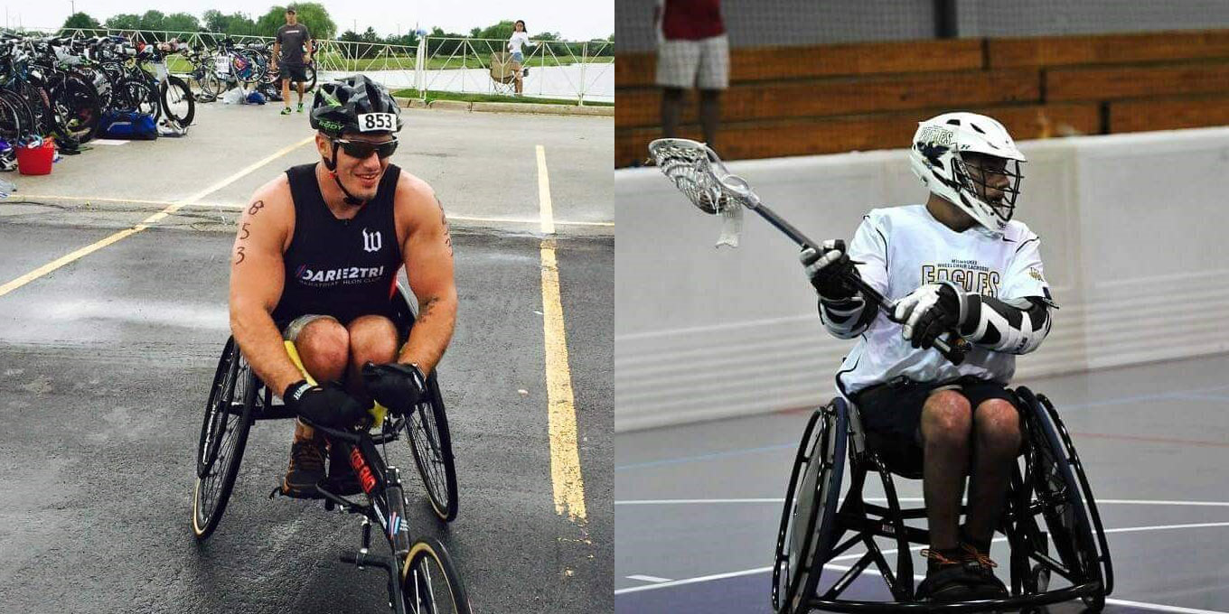 Two photos side by side of James Veltri in a wheelchair race (right) and wheelchair lacrosse (left)