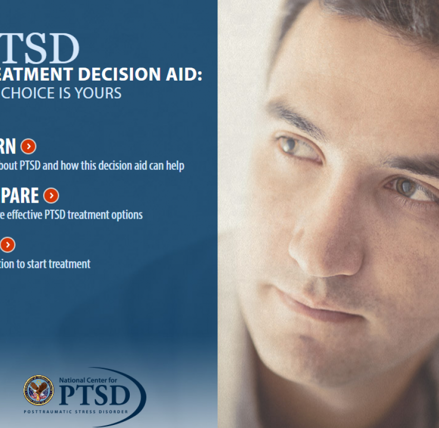 cover image for PTSD Treatment Decision Aid showing menu and man's face