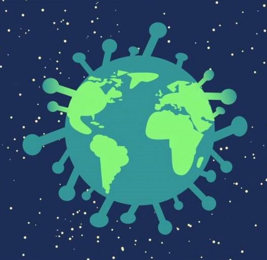 Graphic representation of the Earth styled to look like a coronavirus virion