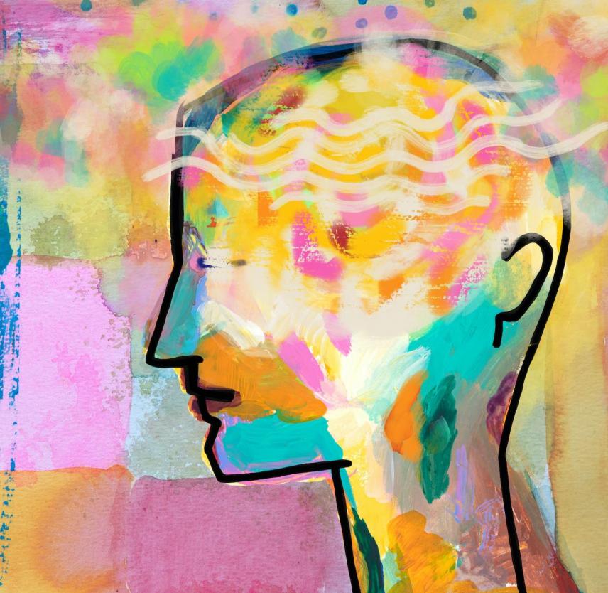 Mixed media painting showing side view of a person's head in the foreground.