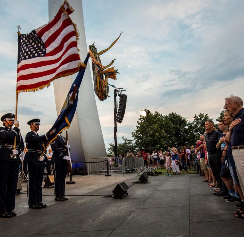 A colors team from the U.S. Air Force Honor Guard present the colors at the Air Force Memorial July 4, 2017, Washington, D.C. (U.S. Air Force photo/Jim Varhegyi) A colors team from the U.S. Air Force Honor Guard present the colors at the Air Force Memorial July 4, 2017, Washington, D.C. (U.S. Air Force photo/Jim Varhegyi)