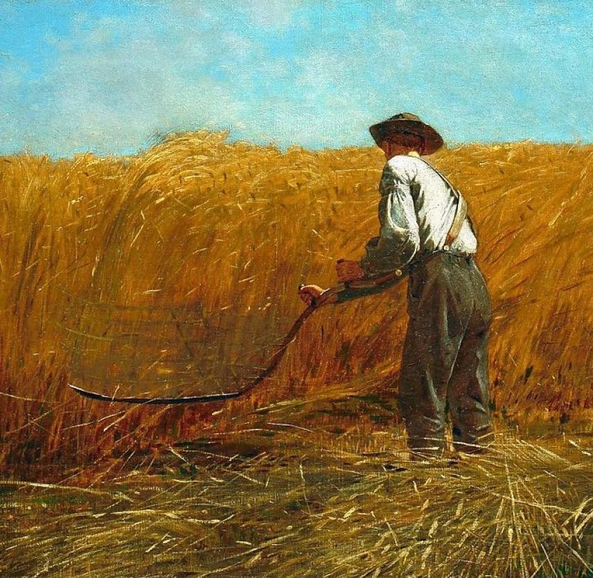 The war is done, is the work finished? (painting title: The Veteran in a New Field, by Winslow Homer) Painting of a man clearing a large field of wheat with a large wheat scythe (grain cradle), titled, "The Veteran in a New Field," by Winslow Homer | The war is done, is the work finished?