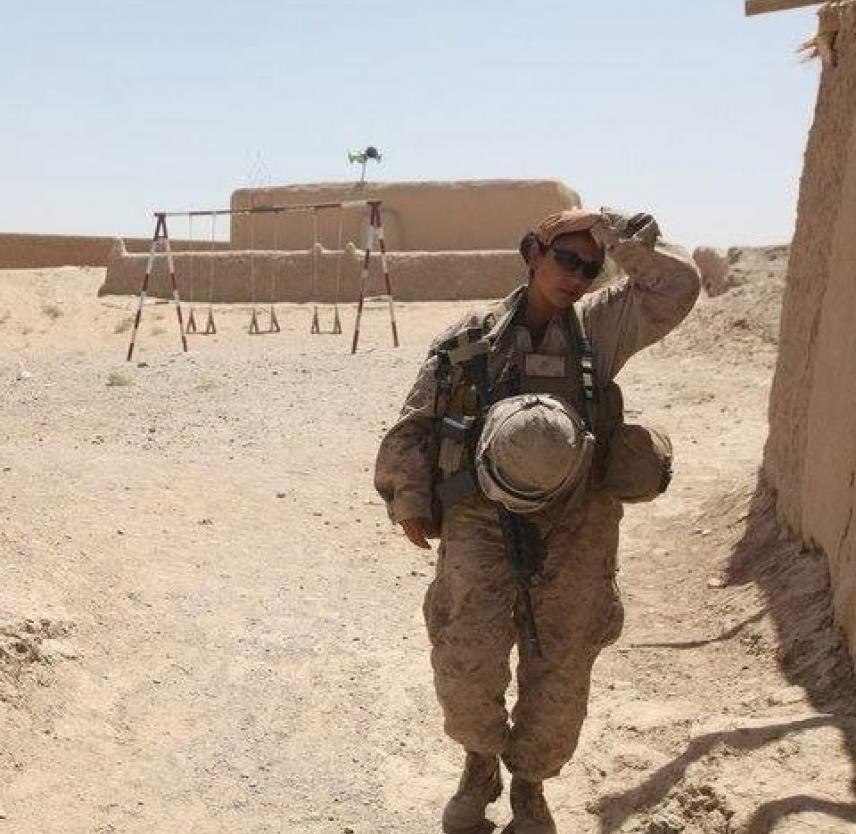 Uniformed Heidi Agostini in the sand in Afghanistan. Photo courtesy of Sgt. Megan Sindelar