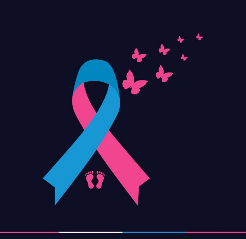 A graphic representation of the National Pregnancy and Infant Loss Remembrance Day ribbon in pink and blue with butterflies flying away and baby footprints underneath