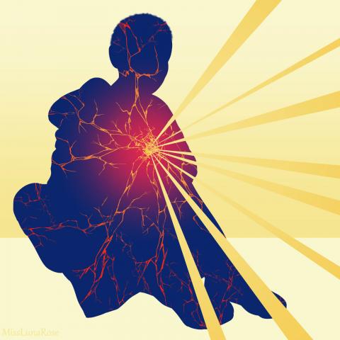 Chronic Pain, Anger, and PTSD: Are They Linked? Graphic of yellow beams radiating out from the center of a blue seated figure