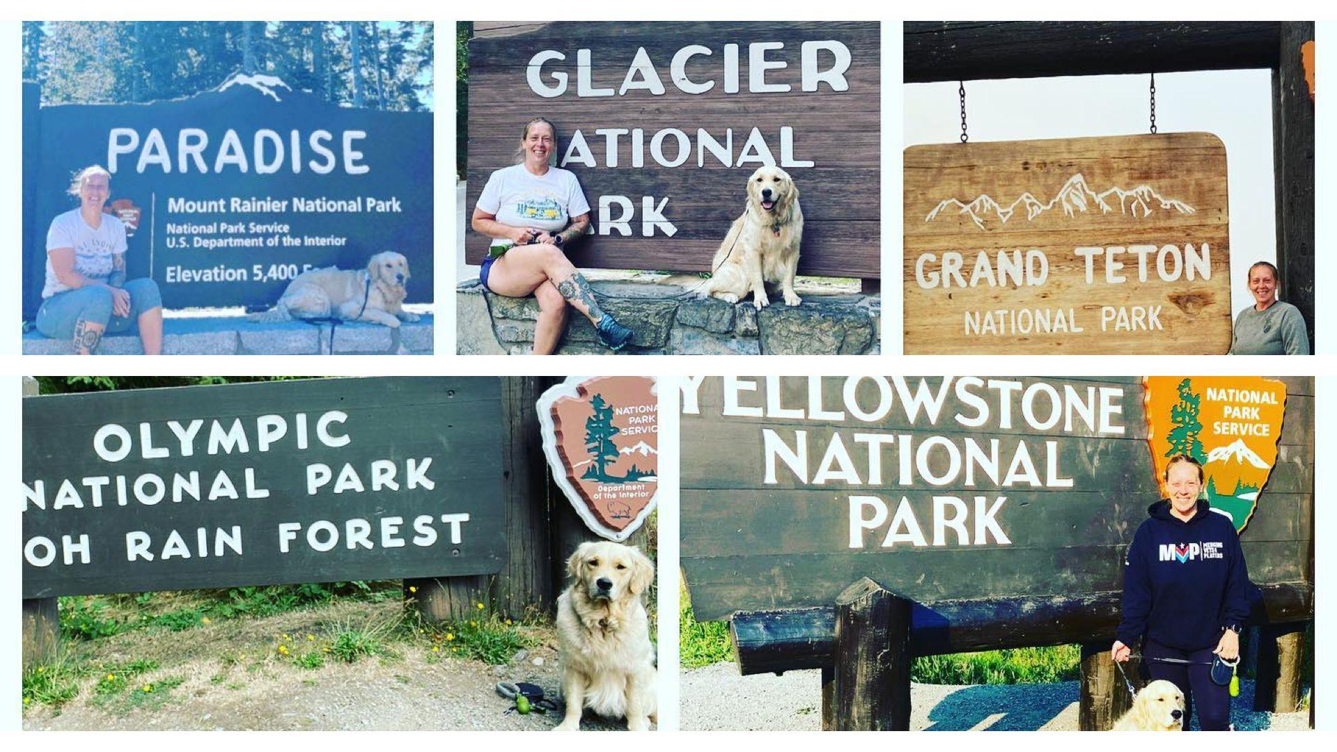 A collage of Angela and at various national park signs