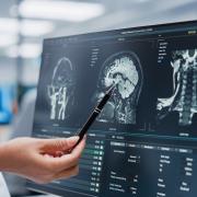 A neurologist uses a pen to point to an MRI on a computer monitor