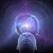 Digital graphic of a face looking up at a burst of colorful lines