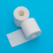 Two rolls of white toilet paper on blue background