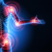 Illustration of pain in all major joints on a skeleton