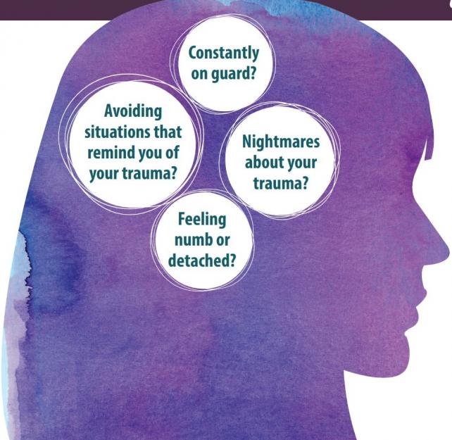Graphic representation of a woman's head with text describing PTSD symptoms in four circles