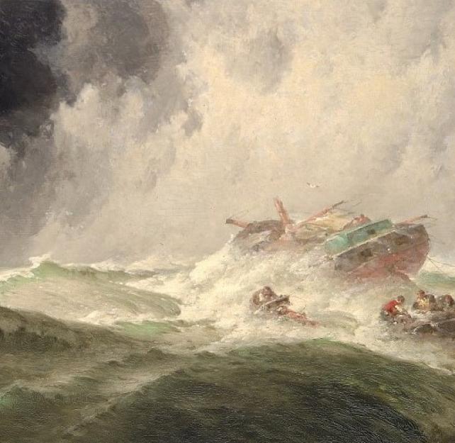 A crashed boat and life boats in a turbulent sea, titled "The Wreck," by Harrington Fitzgerald, 1901