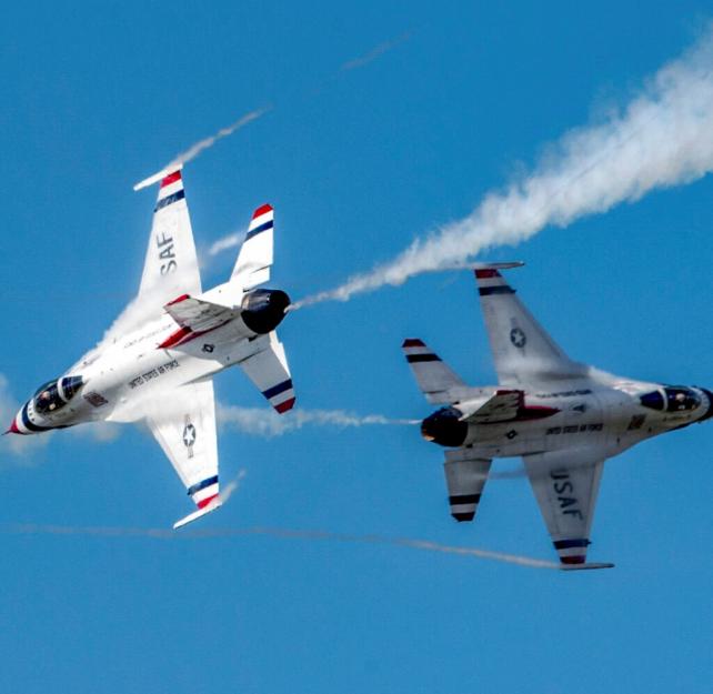 The U.S. Air Force Thunderbirds Demonstration Team performs precision aerial maneuvers June 30, 2018. (U.S. Air Force photo by Alejandro Peña)