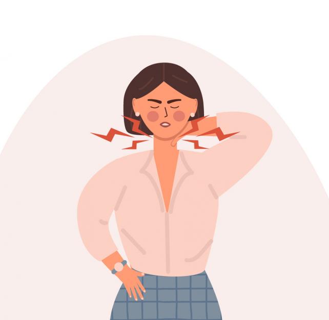 Illustration of a woman with a pained expression rubs her neck