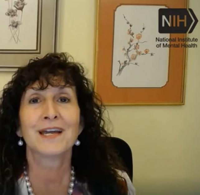 Screenshot of Dr. Barbara Rothbaum giving her webinar on PTSD seated in front of framed images of a flowers