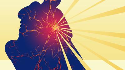 Graphic of yellow beams radiating out from the center of a blue seated figure