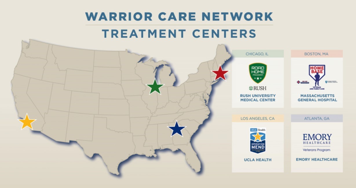 Map of the United States of American with the four Warrior Care Network center locations indicated with stars